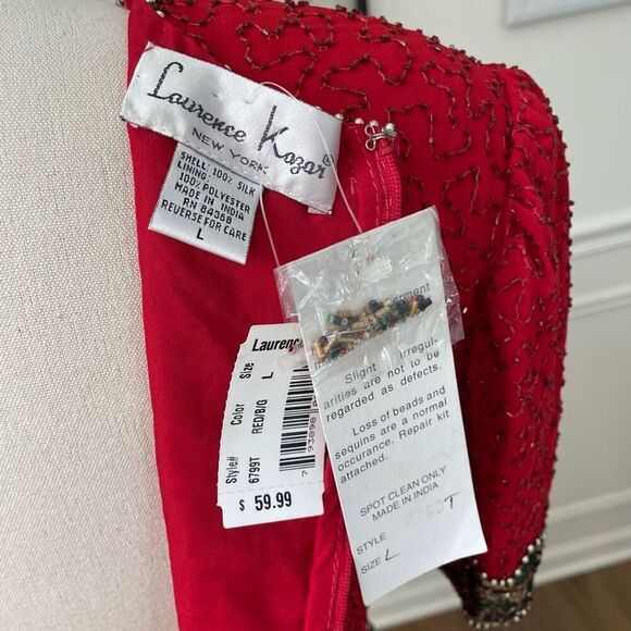 NWT NOS Laurence Kazar Beaded Sequin Short Sleeve Silk Top Red L - Picture 7 of 9